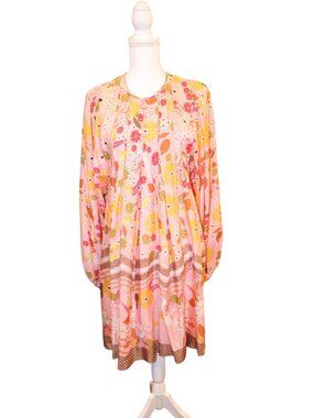 By TiMo Floral Long-Sleeve Womens Pleated Mini Dress, Large,